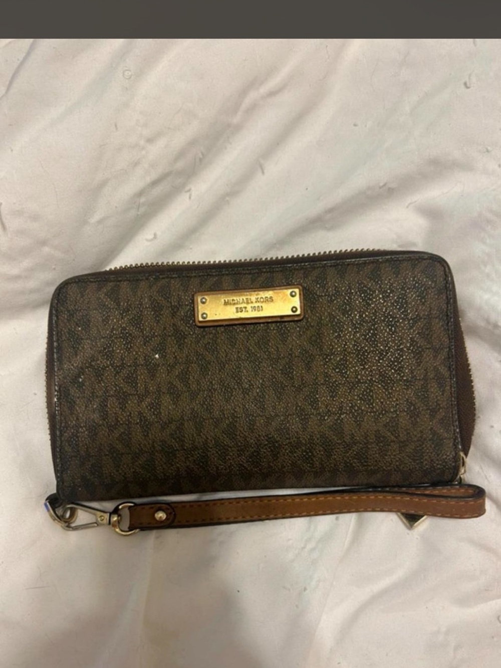 Michael Kors Brown Logo Zip Wristlet with Gold Plaque
